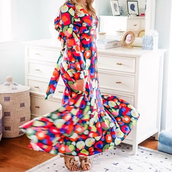 New Emily McCarthy Polka Dots Ruffle Maxi Long Sleeve Dress Floral Tiered 2XS - Picture 5 of 12